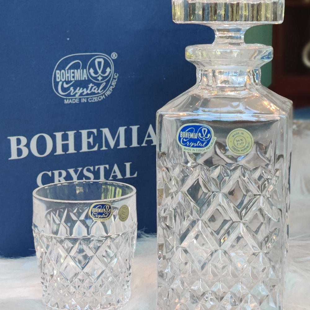 NIOB Bohemia Crystal Decanter Set includes 6 Whiskey Glasses - Vintage - New!